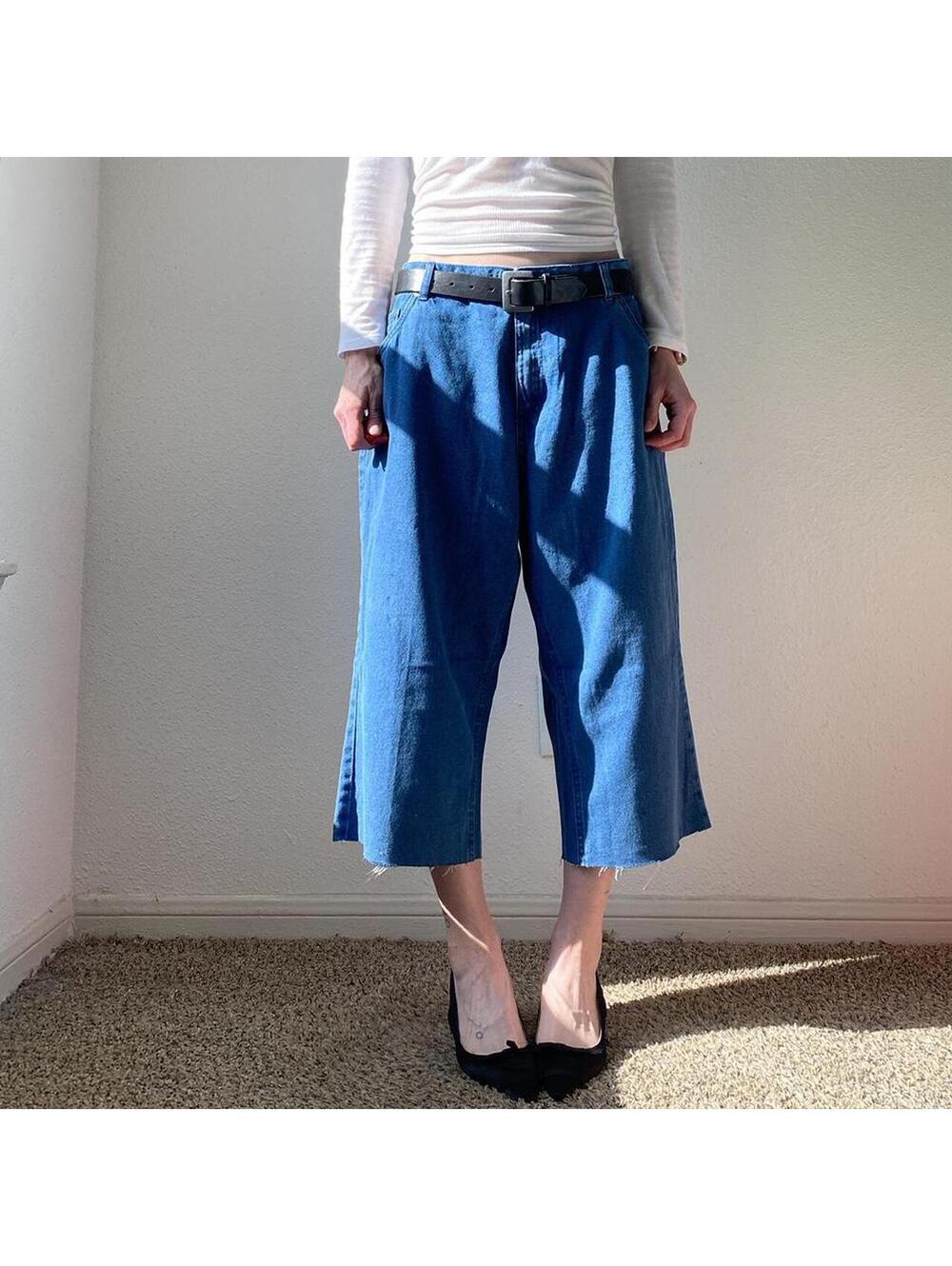 Vintage y2k low rise wide leg cropped cut off denim blue jeans / capris
